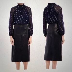 Rebecca Taylor Metallic Mock Neck Silk Long Sleeve Top Navy Blue Size 10